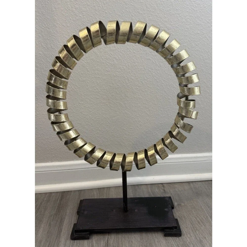 Arena Gold Finish Metal Sculpture, Iron Mount, Wooden Base. Zen-inspired Accent